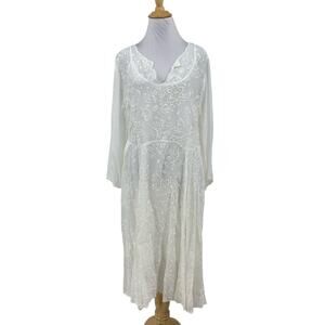 Johnny Was Dress Womens L Large White Embroidered Floral Eyelet Detach Slip 2PC